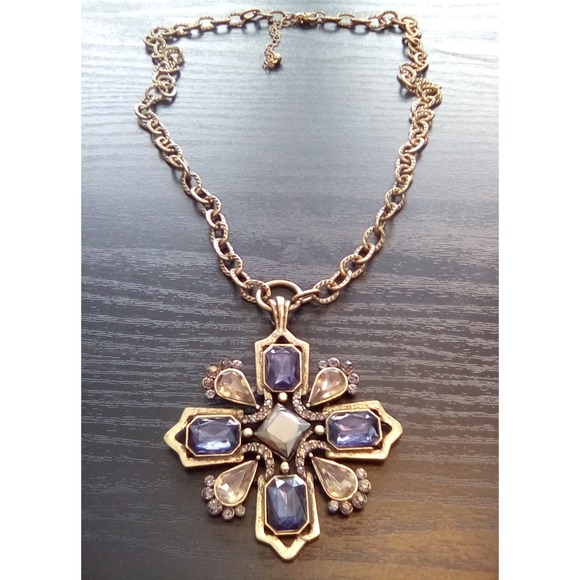 Vintage Cross Pendant Necklace Antiqued Gold Tone Blue Rhinestone, Chain - Picture 4 of 8